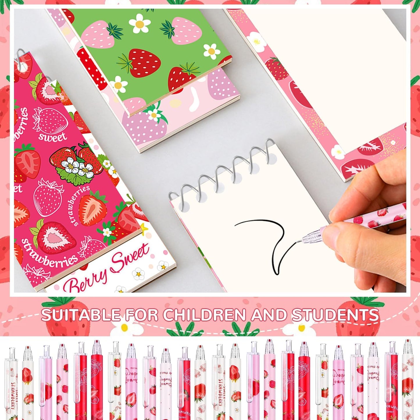 24 Pcs Strawberry Party Favors Include 12 Mini Spiral Strawberry Notebooks and 12 Strawberry Pens Gifts for Strawberry Party Favor Bags Stuffers Teachers School Supplies and Class Reward Prizes