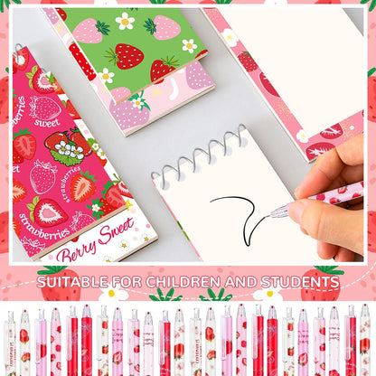 24 Pcs Strawberry Party Favors Include 12 Mini Spiral Strawberry Notebooks and 12 Strawberry Pens Gifts for Strawberry Party Favor Bags Stuffers Teachers School Supplies and Class Reward Prizes