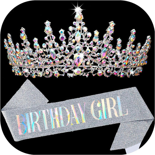 COCIDE BIRTHDAY GIRL Sash for Women Happy Birthday Sashes and Crowns for Girls Crystal Tiaras for Princess Silver Party Decoration for Gift Headband Supplies Accessories Favors
