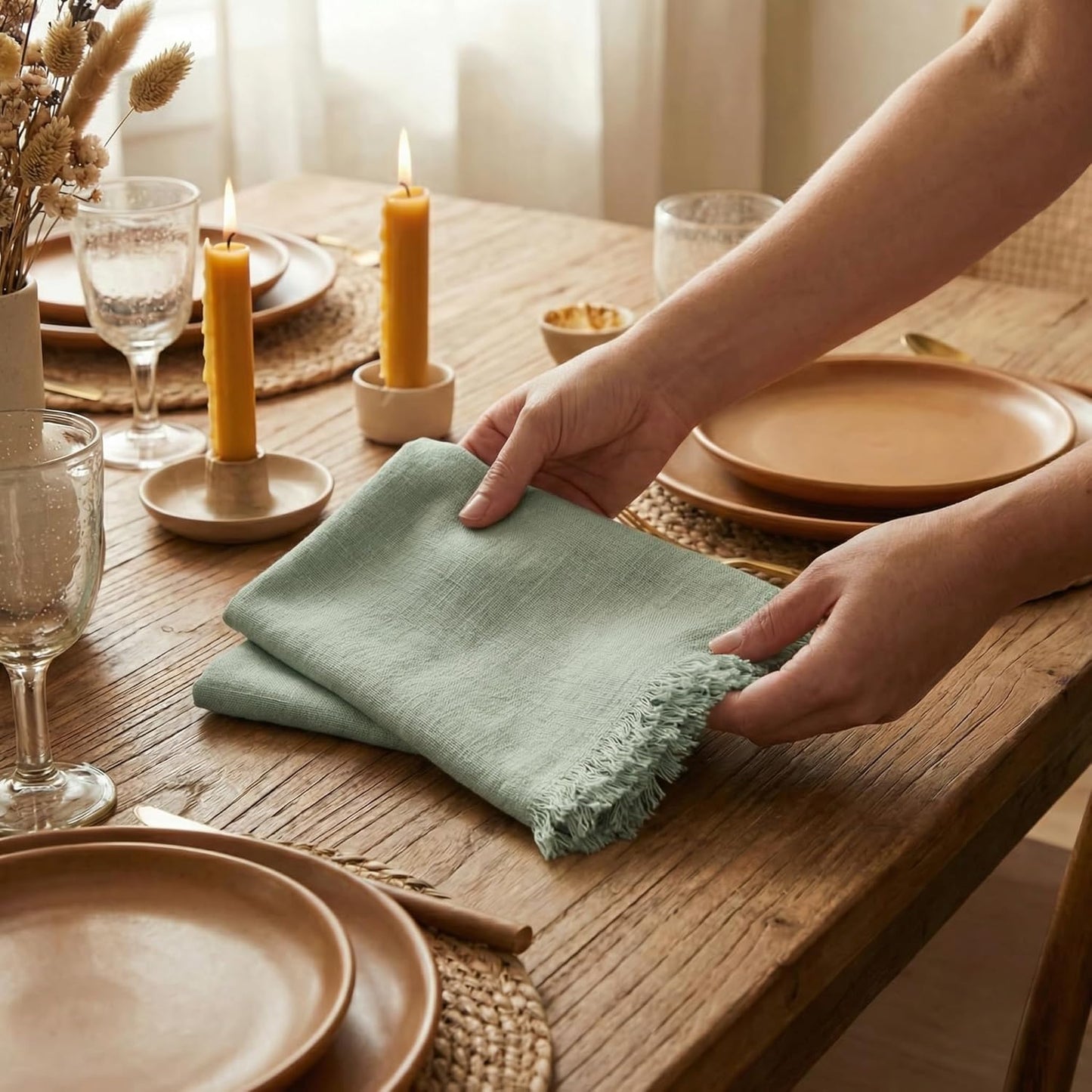ACCENTHOME Natural Cotton Linen Napkin Set of 12 18x18 inch Dinner Napkins - Washable Soft Premium Hotel Quality Reusable Hemmed Edges Napkins Perfect Table Linens for Family Dinners, Weddings