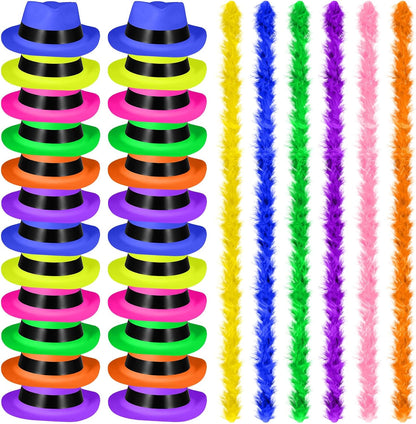JaGely 48 Pieces Neon Party Supplies 24 Neon Gangster Hats 24 Pcs Feather Boas for Wedding Glow Party Supplies Birthday Props