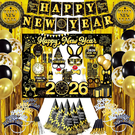 New Years Eve Party Supplies 2026, New Years Photo Booth Props 2026 Huge Selfie Picture Frame New Year Hats Party Squawkers Party Blower Happy New Year's Decorations Latex Balloons