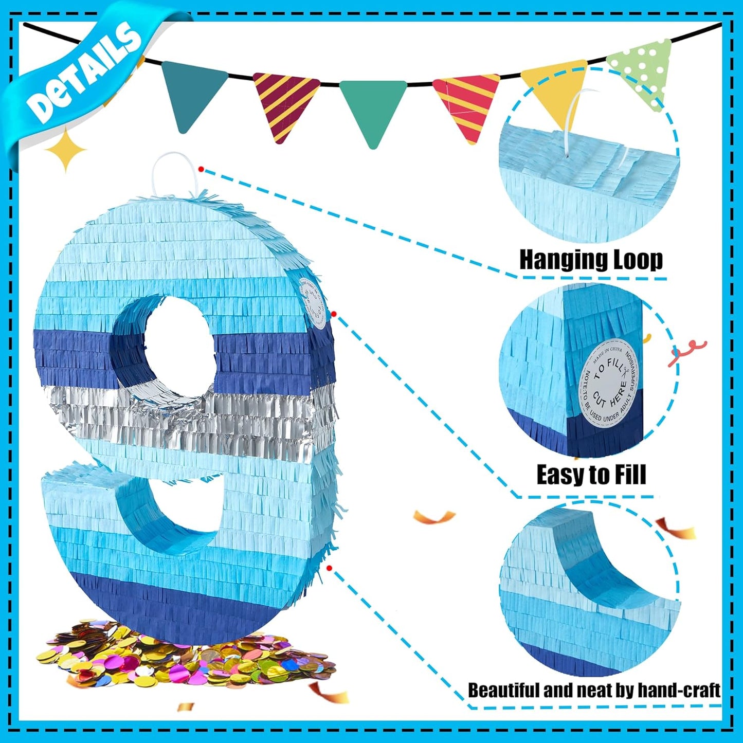 PCFING 20 Inch Number 3 Piñata Blue Silver with 30 Inch Piñata Stick Blindfold Confetti for Boys Girls Adults Birthday Party Decorations, Anniversary Celebration, Fiesta