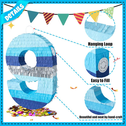 PCFING 20 Inch Number 3 Piñata Blue Silver with 30 Inch Piñata Stick Blindfold Confetti for Boys Girls Adults Birthday Party Decorations, Anniversary Celebration, Fiesta