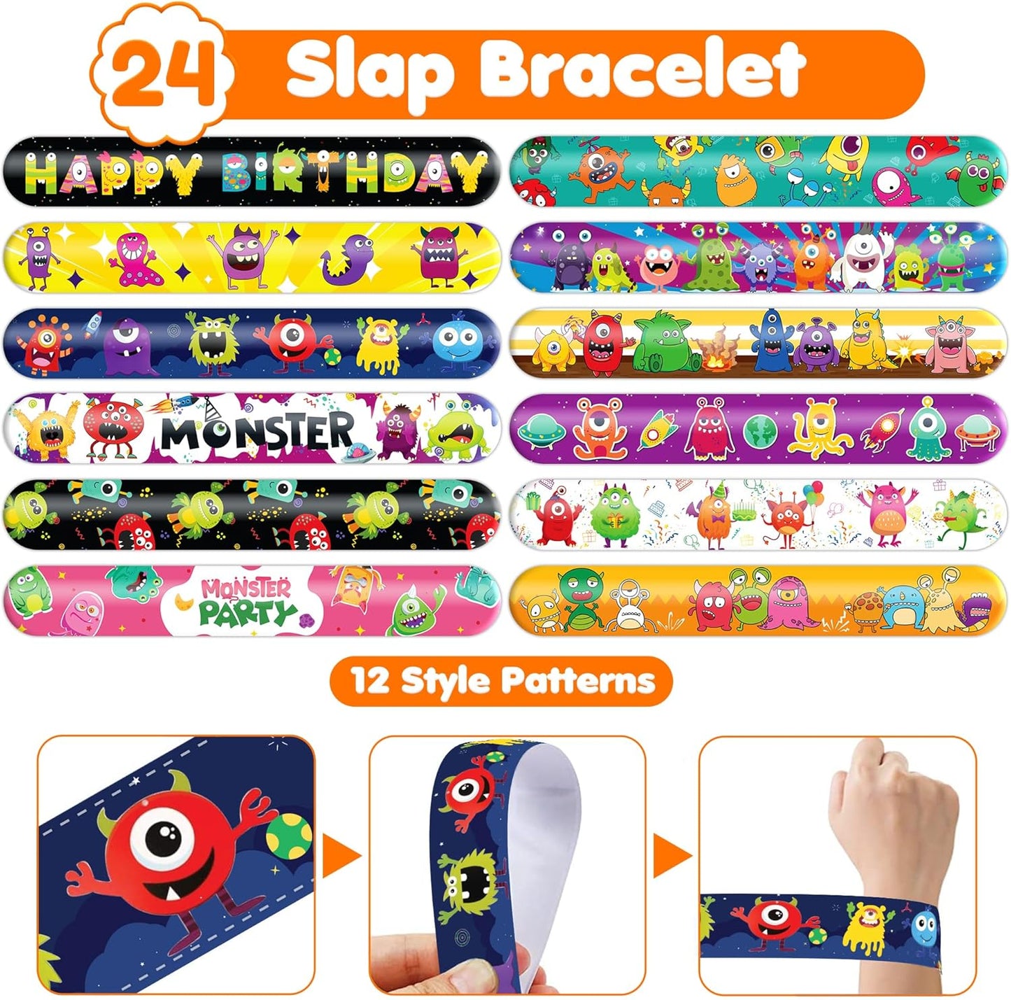 72PCS Monster Party Set - 48PCS Temporary Tattoos & 24PCS Slap Bracelets - Fun Monster-Themed Birthday Supplies, Baby Shower Gifts, Classroom Rewards & Party Decorations for Kids (Boys & Girls)