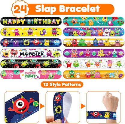 72PCS Monster Party Set - 48PCS Temporary Tattoos & 24PCS Slap Bracelets - Fun Monster-Themed Birthday Supplies, Baby Shower Gifts, Classroom Rewards & Party Decorations for Kids (Boys & Girls)