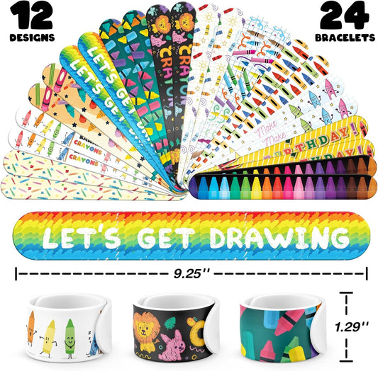 96 PCS Crayon Party Favors Set – 72 Pre-Cut Temporary Tattoos & 24 Slap Bracelets for Kids, Perfect for Art Birthday Parties, Classroom Rewards & Creative School Events