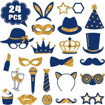 Zonon 24 Pcs Funny Photo Booth Props Class of 2026 Graduation Birthday Wedding Family Class Reunion Prom Disco Party Celebration Decoration Supplies Mix of Hats, Lipstick, Tie(Blue and Black)