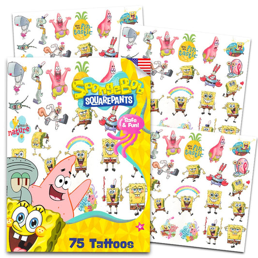 Spongebob Squarepants Temporary Tattoos for Kids and Adults - 75 Spongebob Tattoos For Party Favors Goodie Bags and More (Spongebob Party Supplies Bundle)