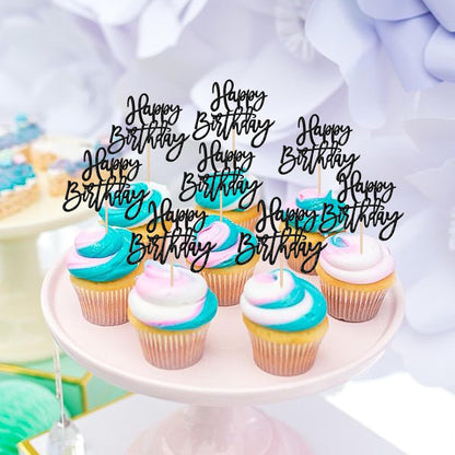 24 PCS Happy Birthday Cupcake Toppers Glitter Picks for Celebrating Anniversary Theme Party Cake Decorations Supplies Gold