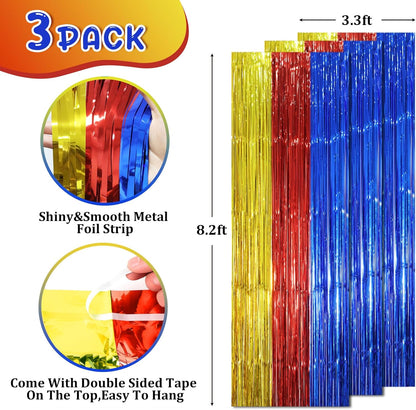 Voircoloria 3 Pack 3.3x8.2 Feet Gold Foil Fringe Backdrop Curtains, Tinsel Streamers, Fringe Backdrop for 2025 New Years Eve, Graduation, Birthday, Baby Shower, Gender Reveal, Disco Party - Colors B