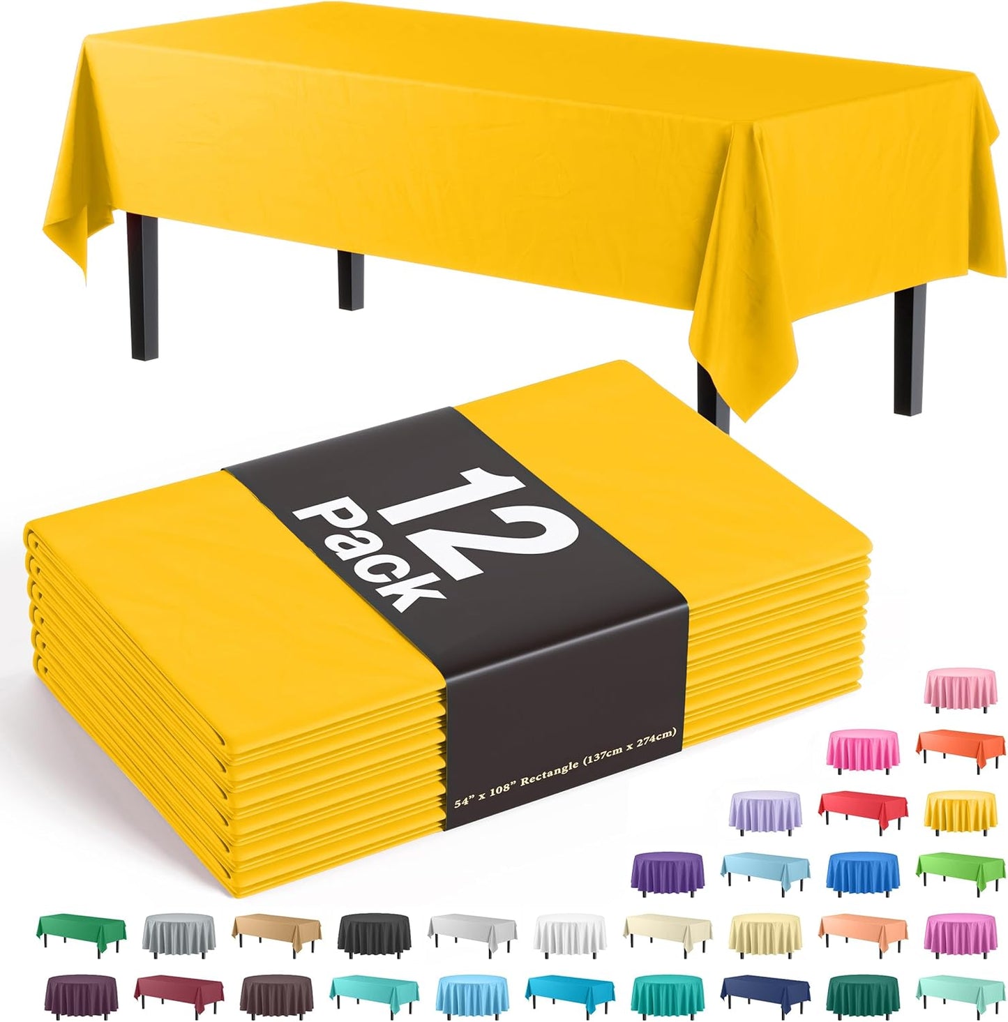 12-Pack Premium Plastic Tablecloth 54in. x 108in. Rectangle Table Cover - Dark Blue - Colors B