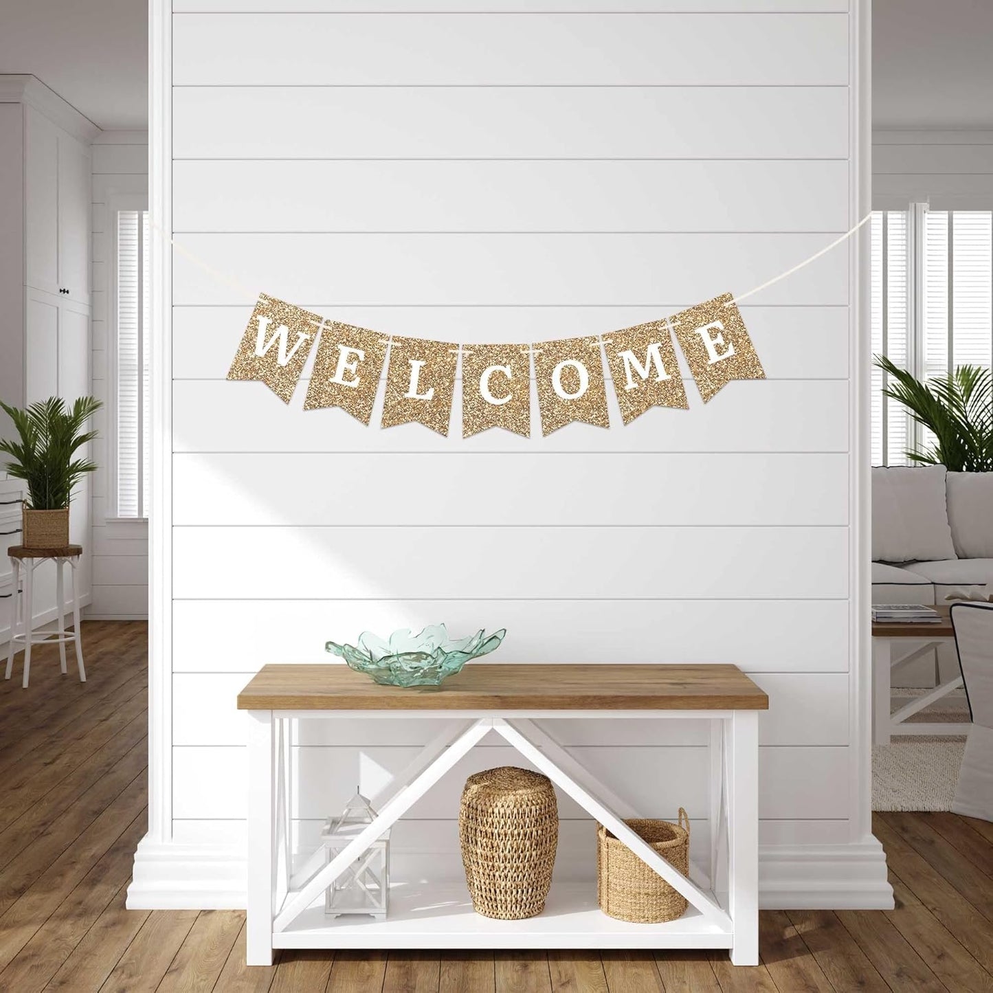 Pre-strung Welcome Banner - No DIY - Gold Glitter Welcome Banner - Pre-strung on 6 ft Strand - Classroom, Office, Front Door, Baby & Bridal Showers Party Decorations & Decor. Did We Mention No DIY