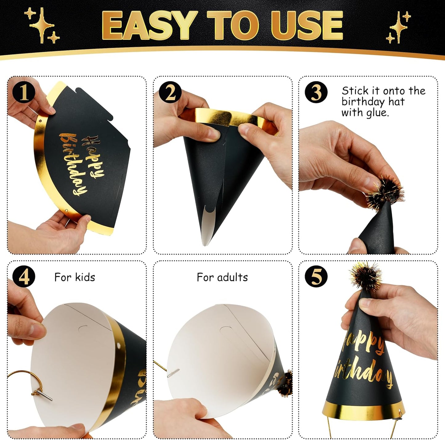 JOYEONDEF 30 Pcs Gold Birthday Party Hats Cone Hats Includes 8 Birthday Paper Hats and 22 Noise Makers