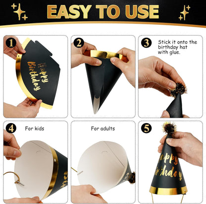 JOYEONDEF 30 Pcs Gold Birthday Party Hats Cone Hats Includes 8 Birthday Paper Hats and 22 Noise Makers