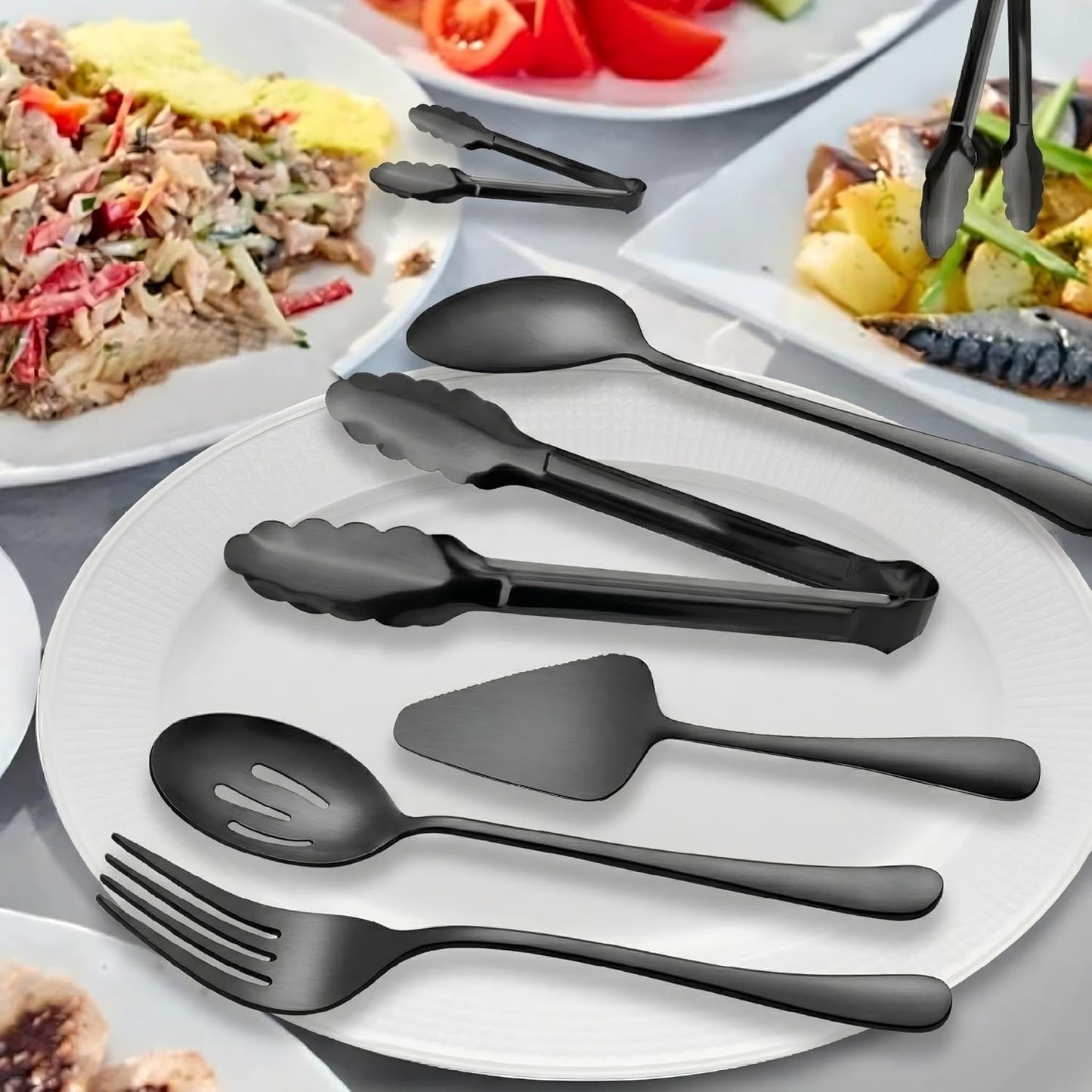 Serving Utensils, XEVOM 6-Piece Stainless Steel Serving Utensil Set Include Serving Spoon, Slotted Serving Spoon, Serving Fork,Serving Tong, Appetizers Tong,Pie Server (Silver), Regular
