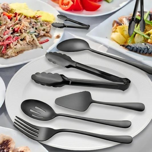 Serving Utensils, XEVOM 6-Piece Stainless Steel Serving Utensil Set Include Serving Spoon, Slotted Serving Spoon, Serving Fork,Serving Tong, Appetizers Tong,Pie Server (Silver), Regular