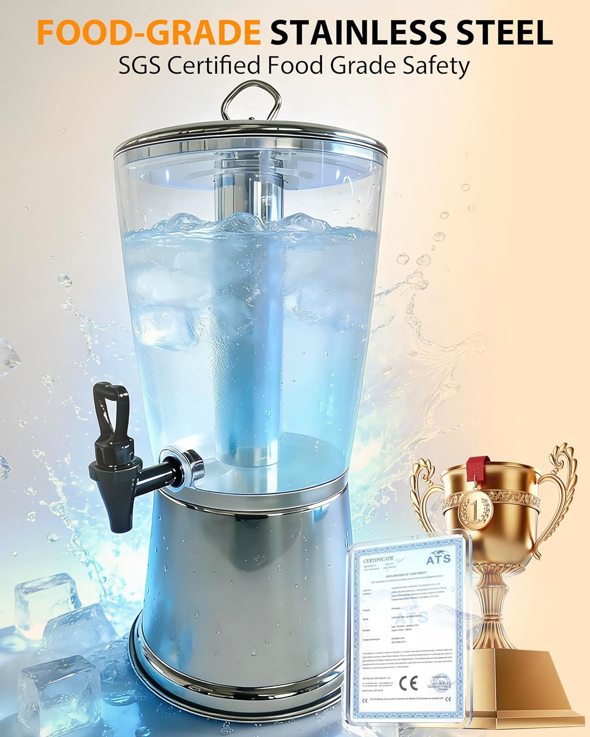 Beverage Dispenser with Stand,2 Gallon Drink Dispenser for Parties,Events,Buffet &Self-Serve,Dual Ice Tube Core Fruit Infuser,Leakproof Spigot,Clear PC Container,Stainless Steel Lid&Base