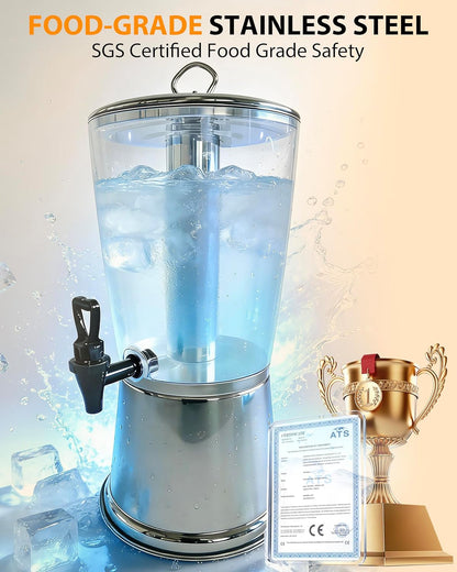 Beverage Dispenser with Stand,2 Gallon Drink Dispenser for Parties,Events,Buffet &Self-Serve,Dual Ice Tube Core Fruit Infuser,Leakproof Spigot,Clear PC Container,Stainless Steel Lid&Base