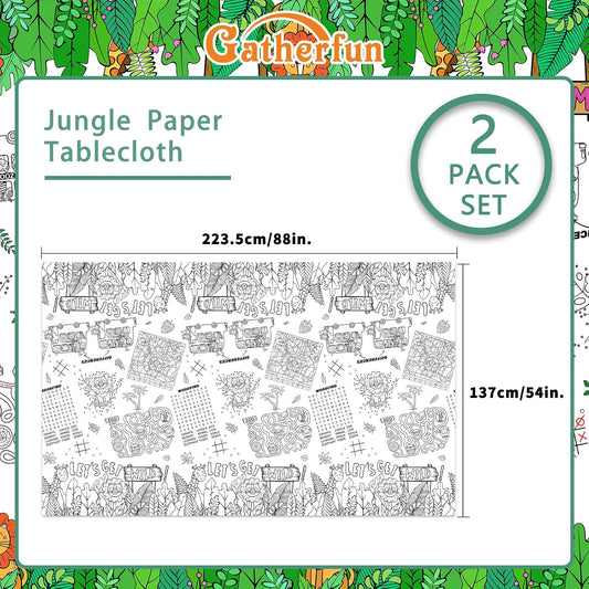 Gatherfun 2 Pack Safari Jungle Theme Kids Coloring Paper Tablecloth, Interactive Activity Table Cover for Boys Birthday Party, School Event Decorations - 2 Pack 54 x 88 inches