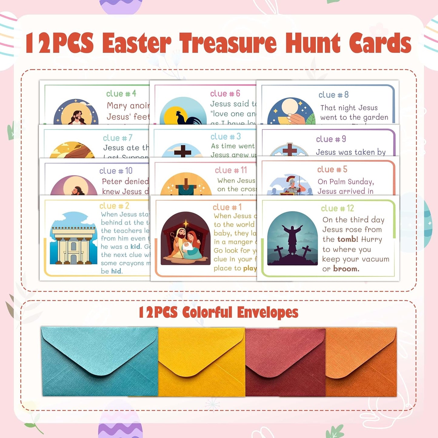 Religious Easter Scavenger Hunt Clue Cards, Christian Scavenger Hunt Games for Adults, Sunday Holy Week Easter Party Supplies Activities Outdoor Indoor(12 Clues Cards with Envelopes), 05