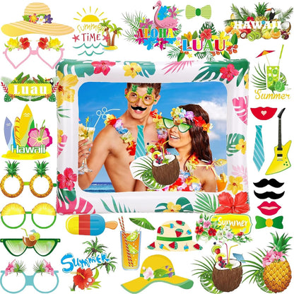 Hawaiian Party Photo Booth Props Kit, 30 PCS Luau Photo Booth Props with Large Inflatable Selfie Picture Frame for Hawaiian Tropical Tiki Summer Pool Party Supplies