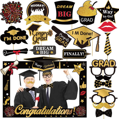 22 Pcs Black Gold Graduation Photo Booth Props 2026 -Large Size Graduation Photo Booth Frame and Congrats Class of 2026 Photo Booth Props Set for Graduation Party Favors Supplies