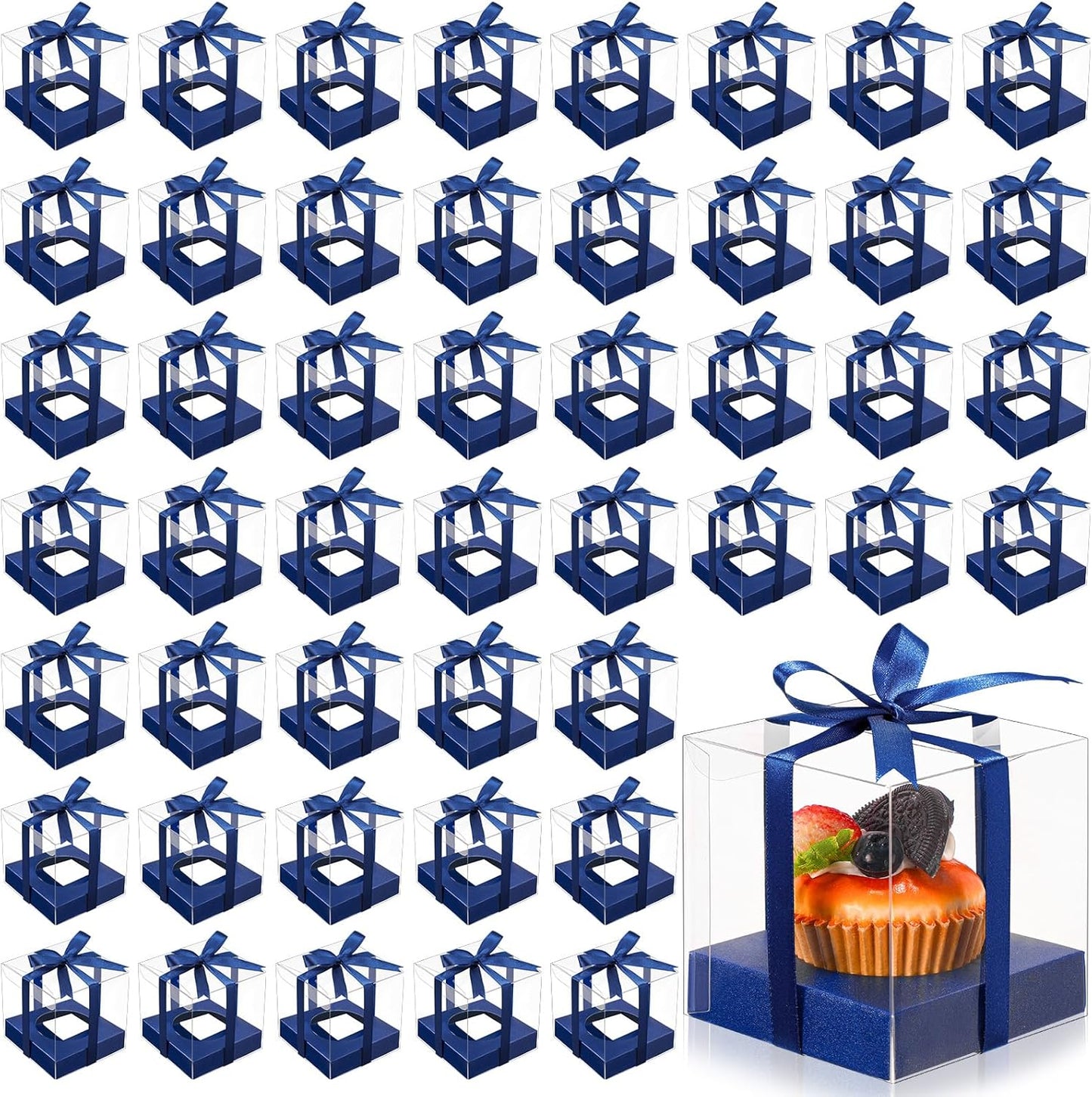 Thenshop 50 Pcs Clear Cupcake Boxes Individual 3.5 Inch Plastic Single Cupcake Containers Boxes with Inserts and Ribbon Individual Cake Storage Holders for Cake Kitchen(Dark Blue)