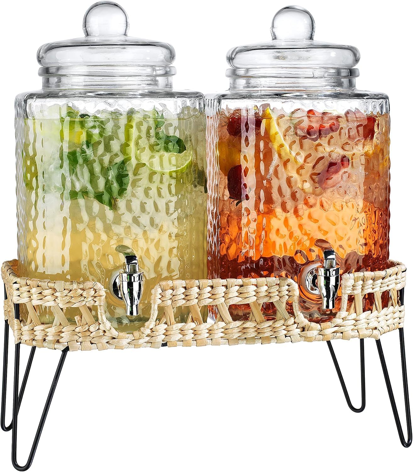 1.5 Gallon Glass Drink Dispenser for Parties 3 PACK Beverage Dispensers with Stand, Glass Water Jug Dispenser, with 18/8 Stainless Steel Spigot, Great for Party, Wedding, Picnic, BBQ Wicker Design