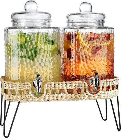 1.5 Gallon Glass Drink Dispenser for Parties 3 PACK Beverage Dispensers with Stand, Glass Water Jug Dispenser, with 18/8 Stainless Steel Spigot, Great for Party, Wedding, Picnic, BBQ Wicker Design