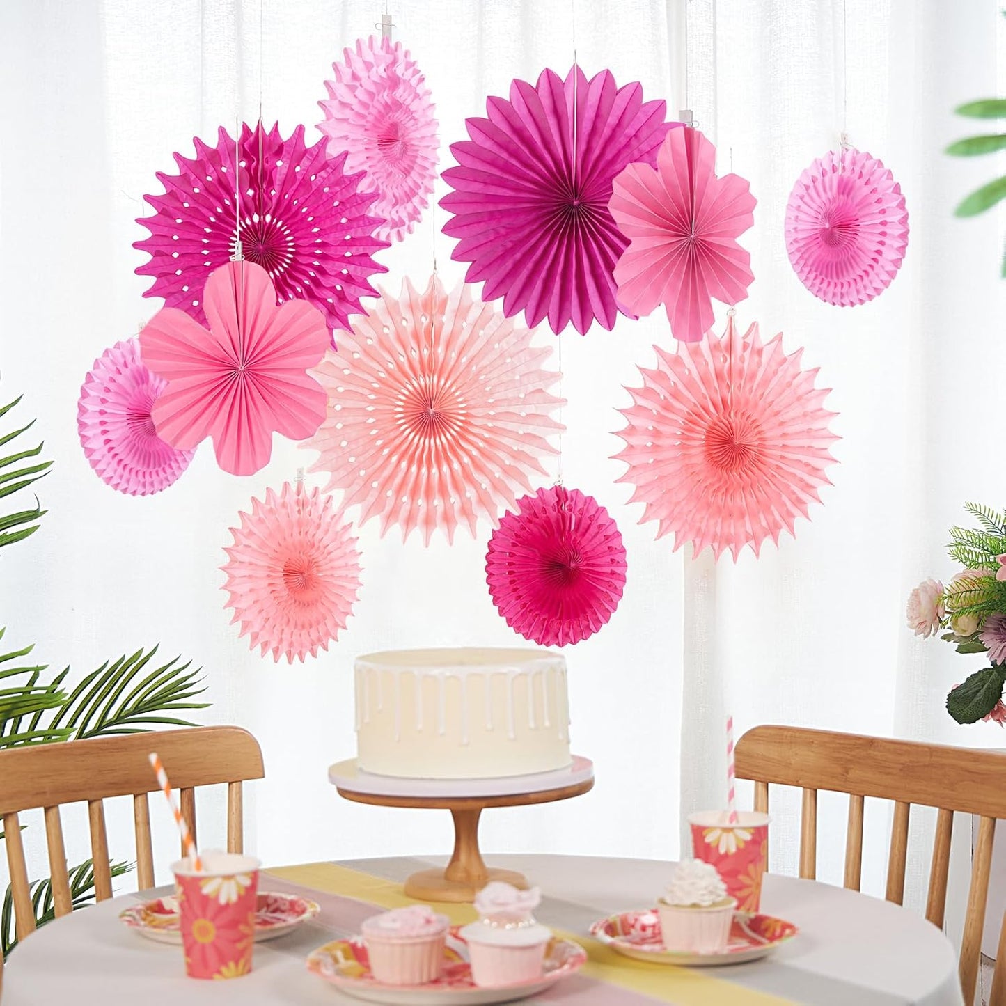 PAPER JAZZ Paper Flowers with Paper Fan Boho Hanging Decor Artificial Flowers Decorations for Wall Pink and Orange Party Decorations for Classroom, Beach Party, Summer Birthday Party Pack of 11.