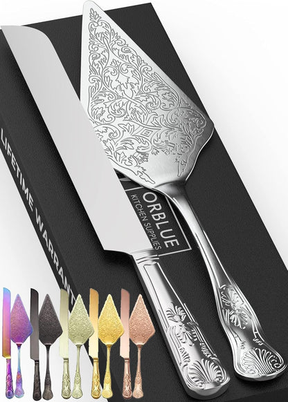 Orblue Wedding Cake Knife and Server Set - Premium, Beautifully Engraved Cutting Set - Elegant Keepsake for Newlyweds - Light Gold