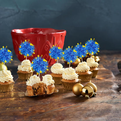 Ephlyn 30Pcs Foil Firework Cupcake Toppers Sparkle Tinsel Cupcake Picks Drink Stirrers Cocktail Food Fruit Toothpicks for Baby Shower Graduation Party Supplies White
