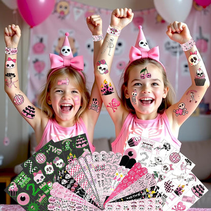 96 PCS Bad Two the Bone Party Favors Set – 72 Pre-Cut Temporary Tattoos & 24 Rock-Inspired Slap Bracelets for Kids, Perfect for Punk Birthday Parties & Classroom Rewards
