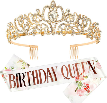 Happy Birthday Queen Tiara Crowns for Women, Red Sash, Party Favors Supplies Gift, 30th Decorations, Stuff Accessories
