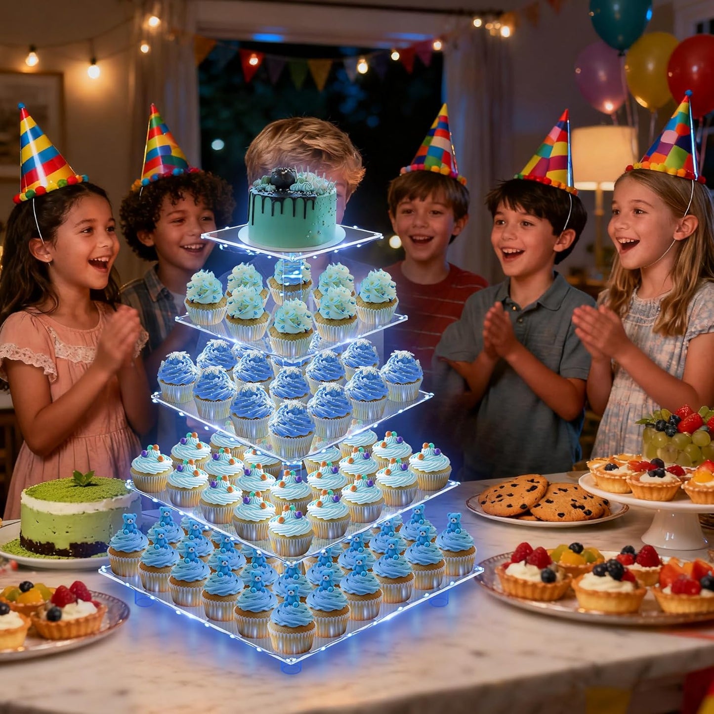 YestBuy Cupcake Stand with Yellow Led Lights, 4 Tier Cupcake Stand for 50 Cupcakes, Acrylic Cupcake Tower Stand, Clear Tiered Cupcake Holder for Birthday Cady Bar Décor Weddings, Parties Events