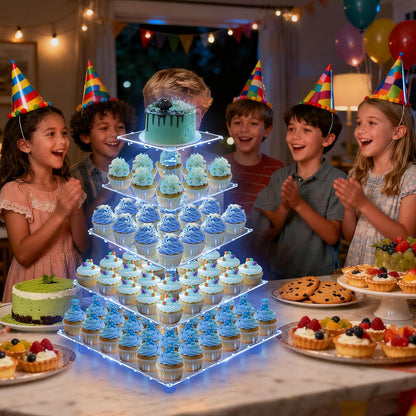 YestBuy Cupcake Stand with Yellow Led Lights, 4 Tier Cupcake Stand for 50 Cupcakes, Acrylic Cupcake Tower Stand, Clear Tiered Cupcake Holder for Birthday Cady Bar Décor Weddings, Parties Events