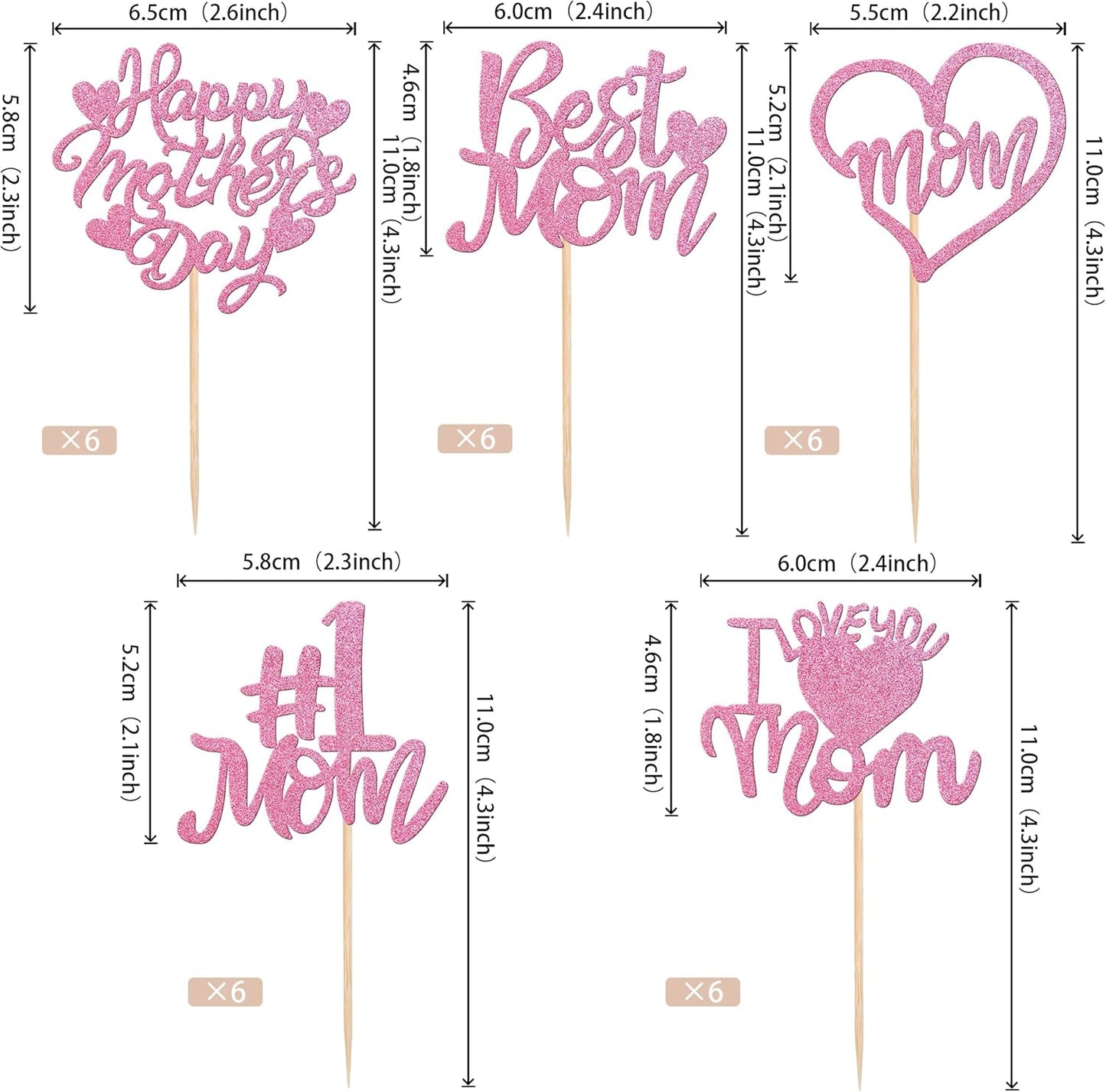 24 PCS Happy Mother's Day Cupcake Toppers with Glitter Heart Love Mother Best Mom Cupcake Picks for Happy Mother's Day Theme Women Birthday Party Cake Decorations Supplies Rose Gold