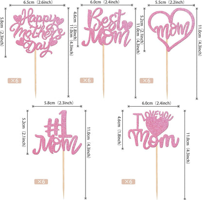 24 PCS Happy Mother's Day Cupcake Toppers with Glitter Heart Love Mother Best Mom Cupcake Picks for Happy Mother's Day Theme Women Birthday Party Cake Decorations Supplies Rose Gold