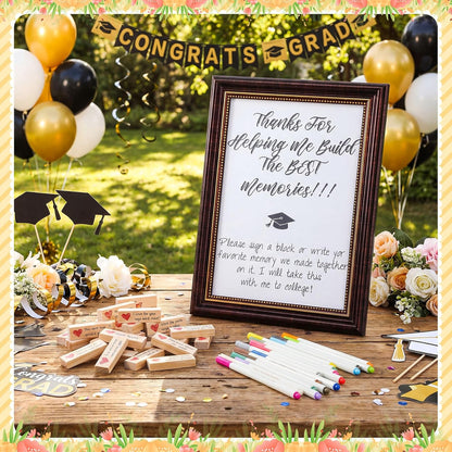 Gerrii 72 Pcs 2026 Graduation Guest Book Alternative for Sign in, 54 Wooden Block 16 Pens and Grad Photo Frame for Congrats Grad Party Supplies College High School (Black Photo Frame)