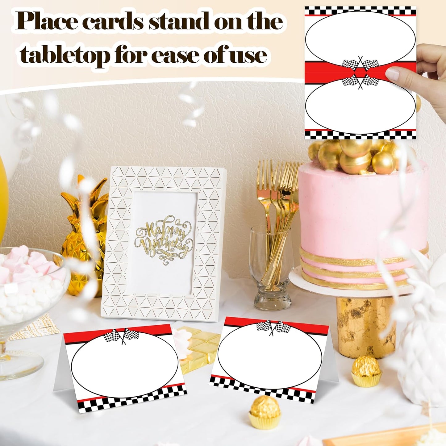 Racing Car Table Place Cards - 25PCS Tent Cards - 2.1” x 3.5“ Two Fast Food Lables - Name Place Cards for Table Setting - Name Cards for Birthday Party Baby Shower - Scored for Easy Folding -17