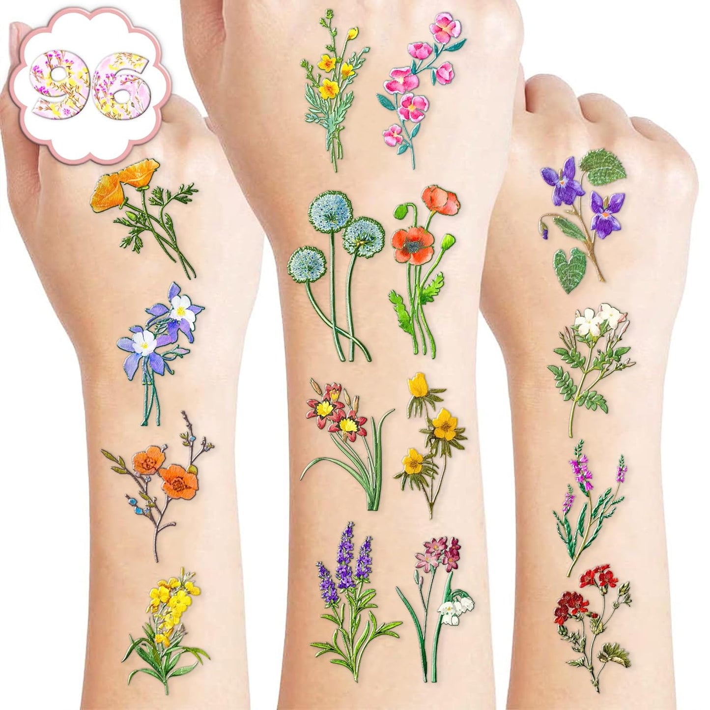 96 PCS Small Wildflower Floral Pre–Cut Temporary Tattoos Birthday Party Decorations Supplies Favors Spring Flower Bouquets Decor Stickers Gifts Boys Girls Classroom School Prizes Reward (Normal)
