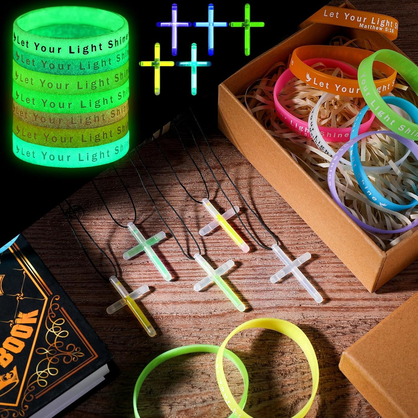 100 Pcs Glow in The Dark Christian Party Favors Silicone Bracelets Cross Necklace Bulk Bible Wristbands Luminous Pendant for Religious Gift