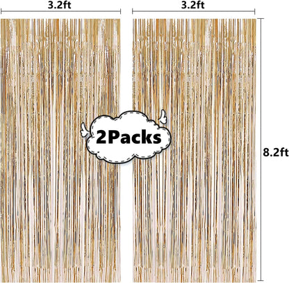 i-CHONY 2 Pcs 3.2ft x 8.2ft Champagne Gold Metallic Tinsel Foil Fringe Curtains Photo Booth Backdrop for Baby Shower Birthday Wedding Holiday Celebration Bachelorette Party Decorations
