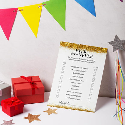 Gold Glitter Birthday Party Game Cards Set, Ever or Never, for Girl Birthdays Supplies, Activity Decorations Double Sided Set of 30 Pcs