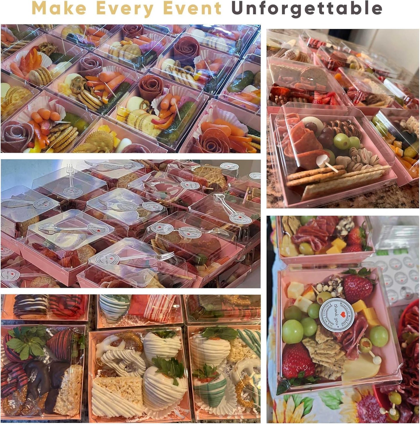 Leafiew 50 Pack Small Charcuterie Boxes with Clear Lids - To Go Paper Mini Charcuterie Box, Disposable Food Containers, 5Inch Dessert Boxes - Sandwich, Cookie, Sushi, Cake Slice, Strawberries (Brown)