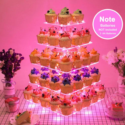 YestBuy Cupcake Stand with Yellow Led Lights, 4 Tier Cupcake Stand for 50 Cupcakes, Acrylic Cupcake Tower Stand, Clear Tiered Cupcake Holder for Birthday Cady Bar Décor Weddings, Parties Events