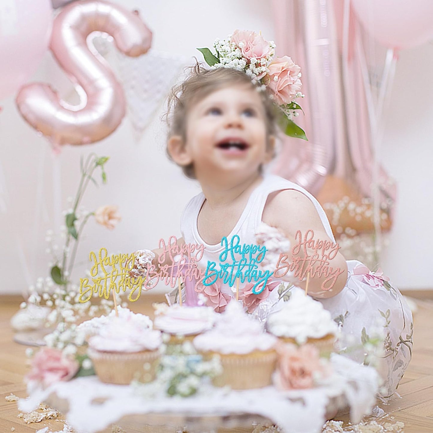 24 PCS Happy Birthday Cupcake Toppers Glitter Picks for Celebrating Anniversary Theme Party Cake Decorations Supplies Gold