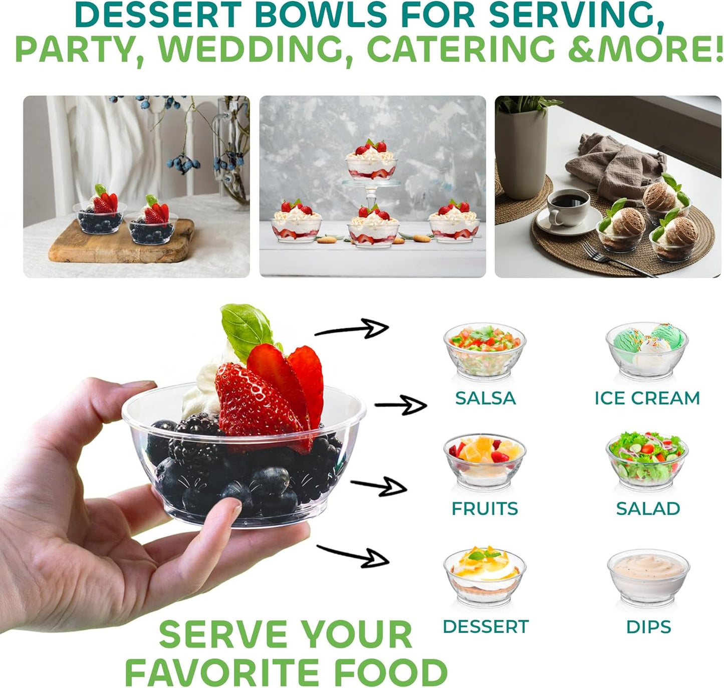 JoyServe Clear Mini Plastic Bowls - (Bulk 100 Pack) 6 Oz Disposable Premium Hard Plastic Dessert Bowls for Serving, Weddings, Catering, Parties, Salsa, Home or Event Party Supplies