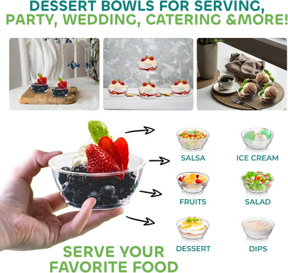 JoyServe Clear Mini Plastic Bowls - (Bulk 100 Pack) 6 Oz Disposable Premium Hard Plastic Dessert Bowls for Serving, Weddings, Catering, Parties, Salsa, Home or Event Party Supplies